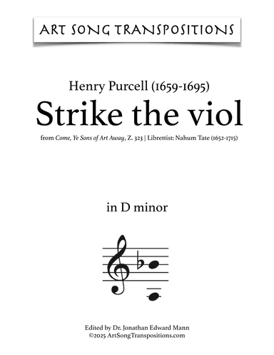 PURCELL: Strike the viol (transposed to D minor) (arr. ArtSongTranspositions.com)