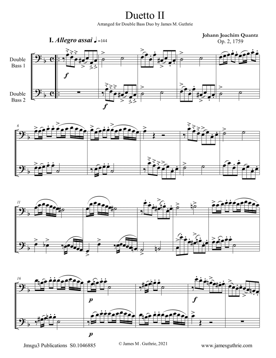 Quantz: Duetto Op. 2 No. 2 for Double Bass Duo (arr. James M. Guthrie)