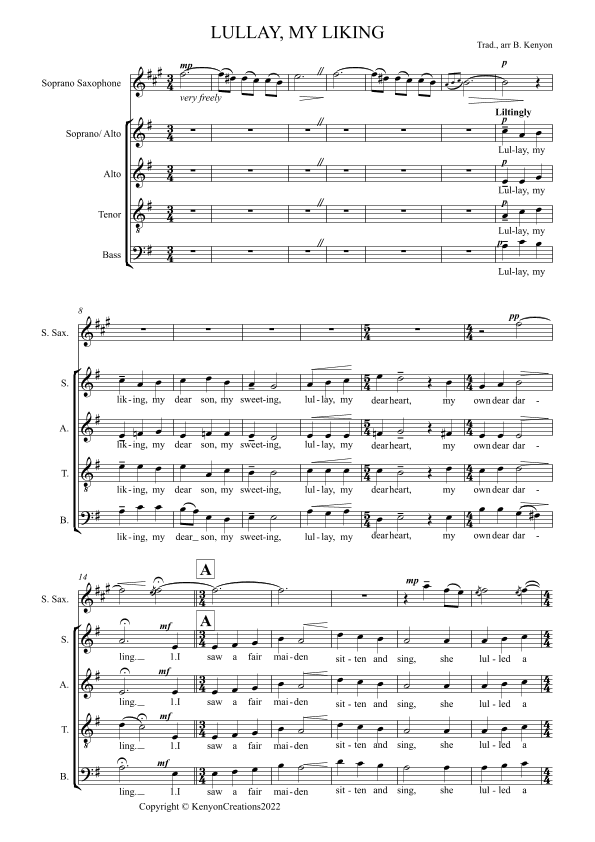 Lullay My Liking, for SATB/ Soprano Saxophone