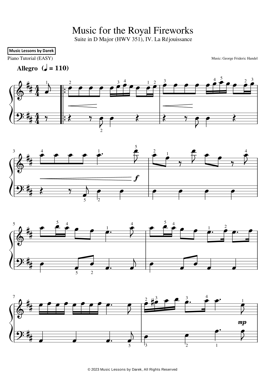 Music for the Royal Fireworks (EASY PIANO) Suite in D Major (HWV 351), IV. La Réjouissance [Handel] (arr. Darek)