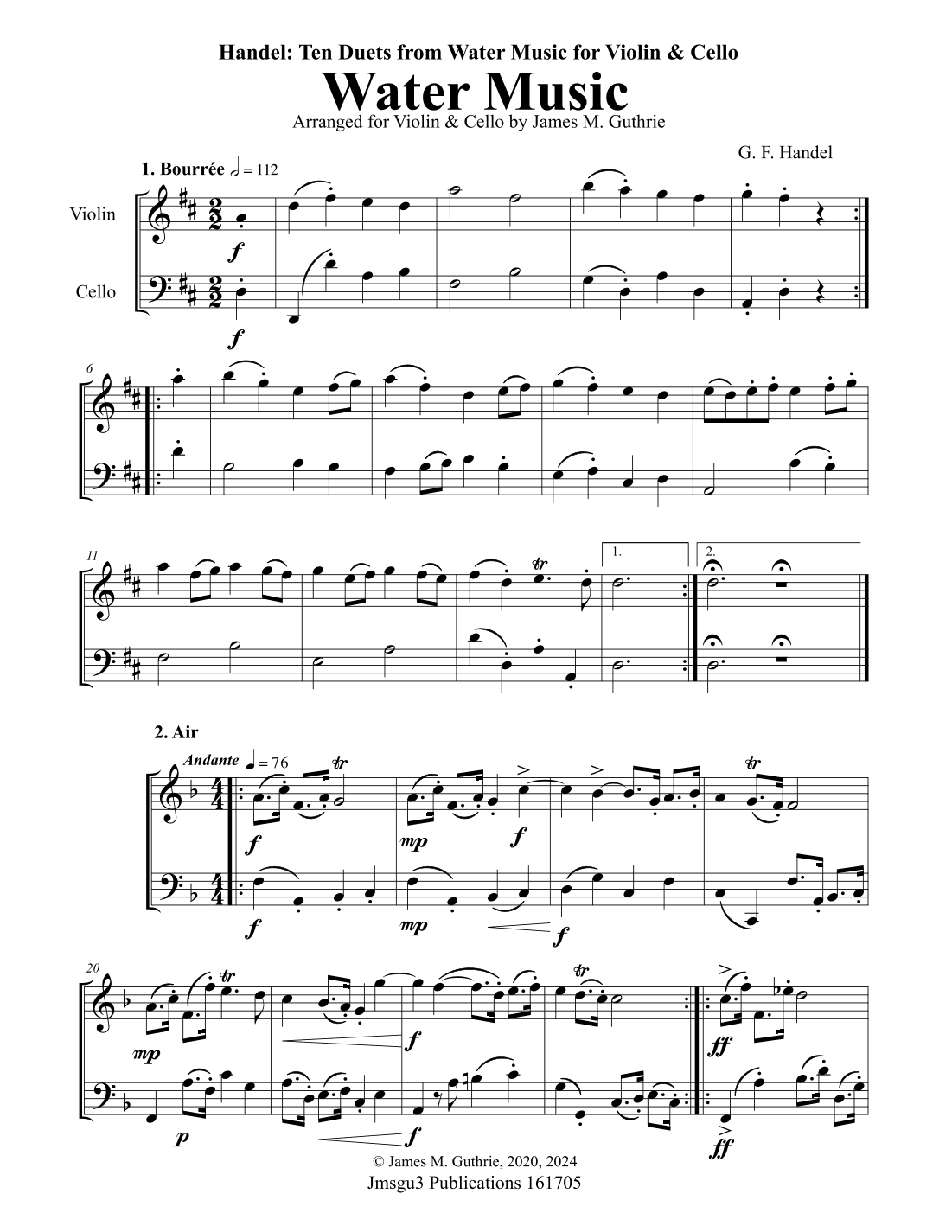 Handel: Ten Duets from Water Music for Violin & Cello (arr. James M. Guthrie)