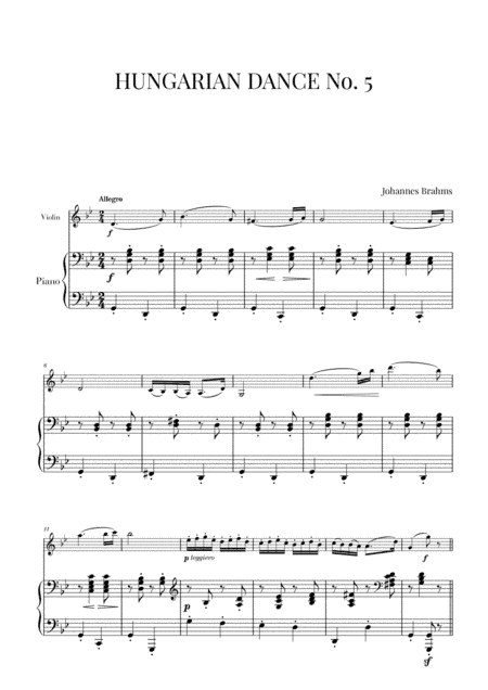 Brahms - Hungarian Dance No. 5 (for Violin and Piano) (arr. Cadenza Editions)