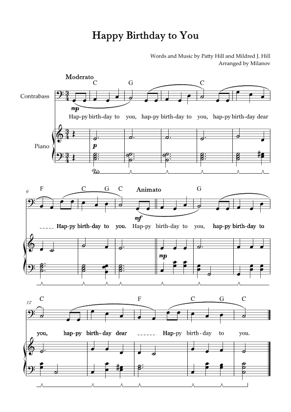 Happy Birthday to You | String Bass| C Major | Piano accompaniment | Pedal | Chords | Lyrics (arr. Milanov)