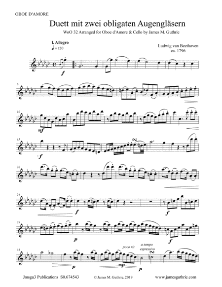 Beethoven: Duet WoO 32 for Oboe d'Amore & Cello (arr. James M. Guthrie, ASCAP)