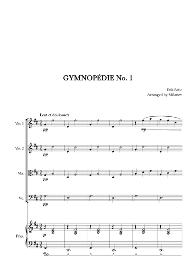 Gymnopédie no 1 | String Quartet | Original Key| Piano accompaniment |Easy intermediate (arr. Milanov)