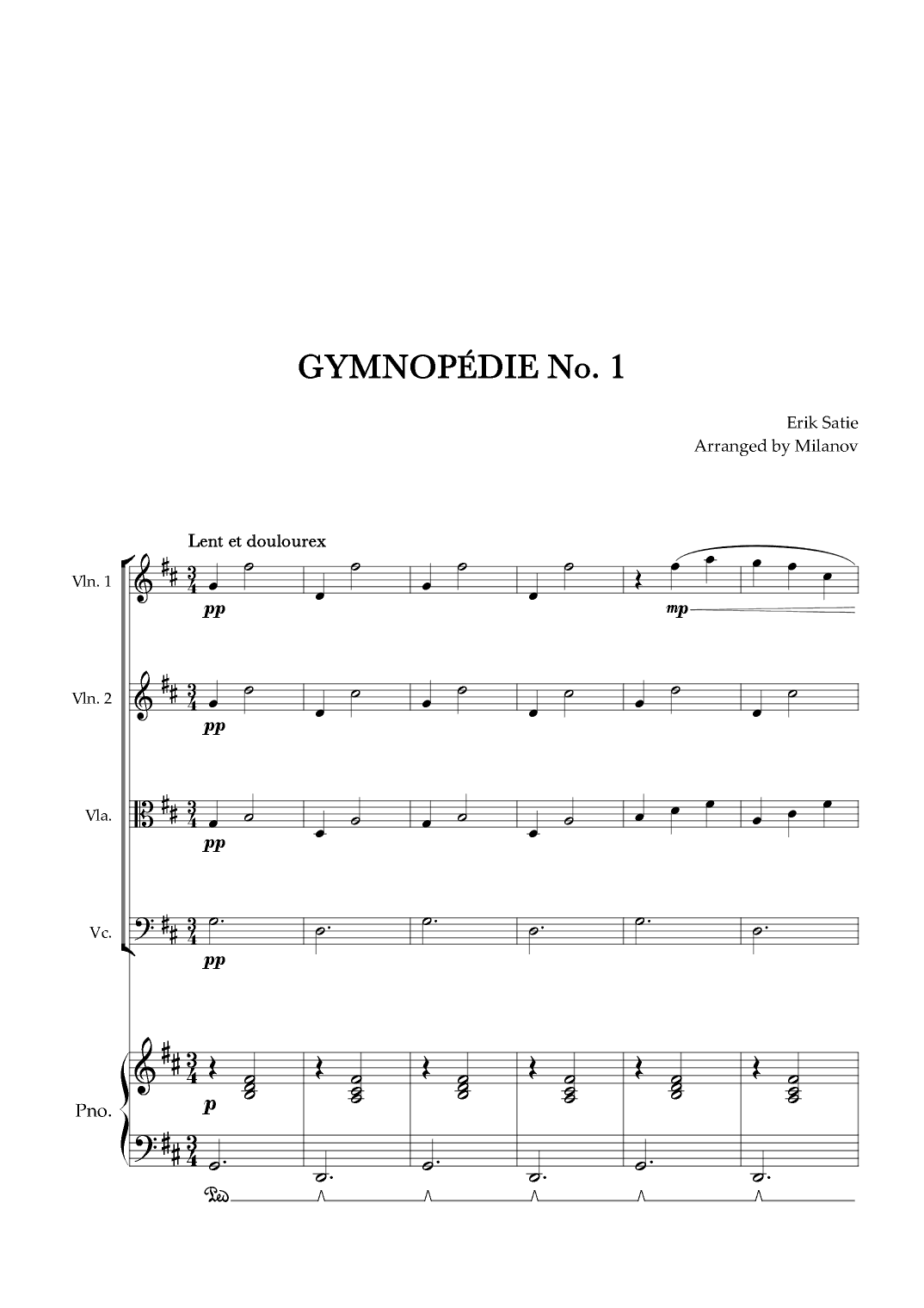 Gymnopédie no 1 | String Quartet | Original Key| Piano accompaniment |Easy intermediate (arr. Milanov)