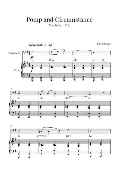 Edward Elgar - Pomp and Circumstance (for Cello and Piano) - with chords (arr. Cadenza Editions)