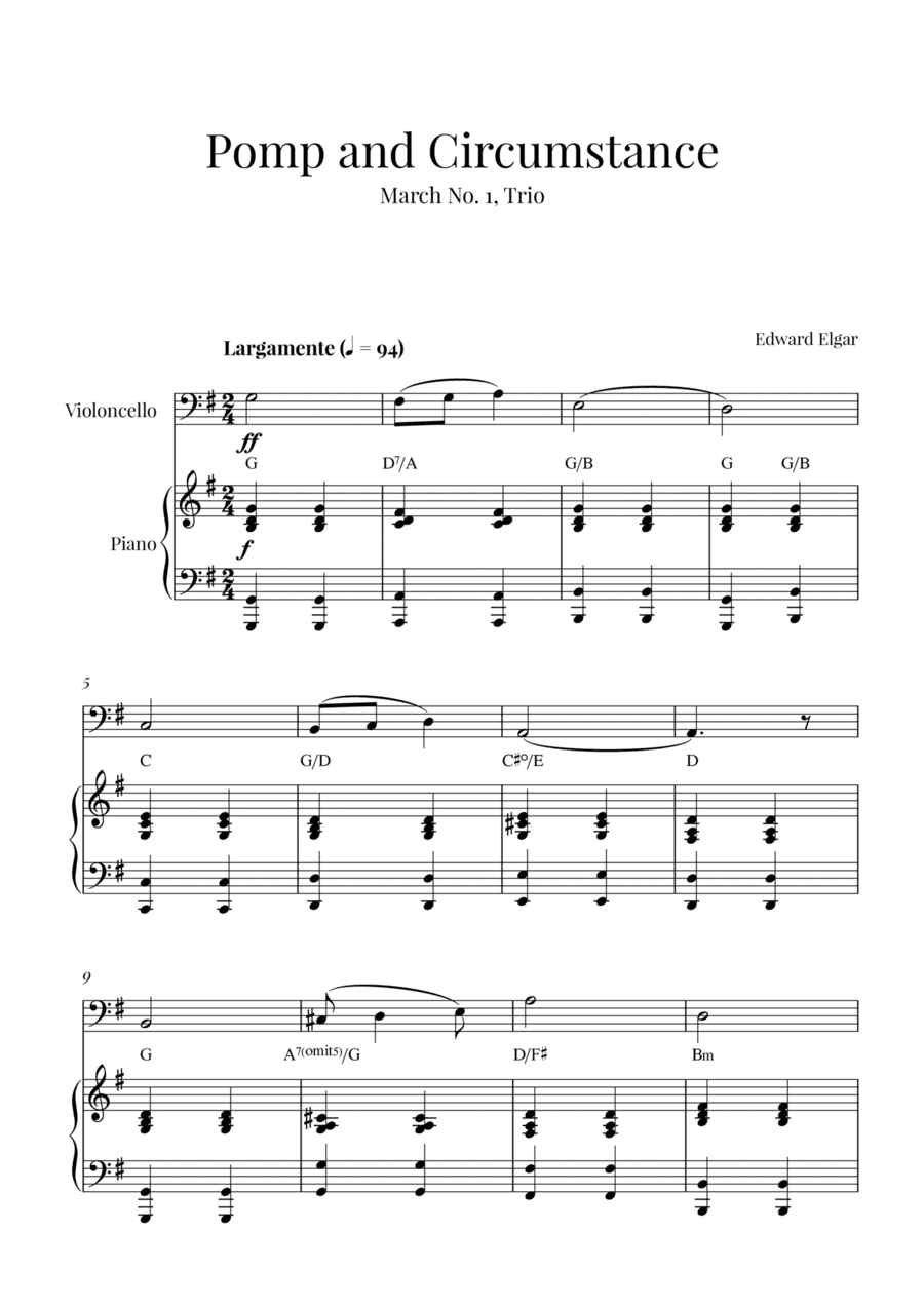 Edward Elgar - Pomp and Circumstance (for Cello and Piano) - with chords (arr. Cadenza Editions)
