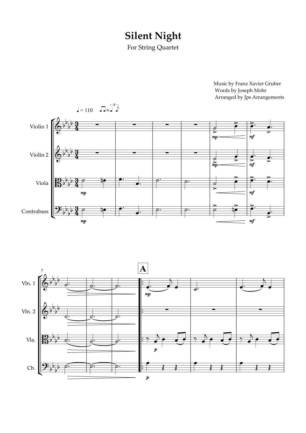 Silent Night for String Quartet in Ab Major (arr. Jps Arrangements)