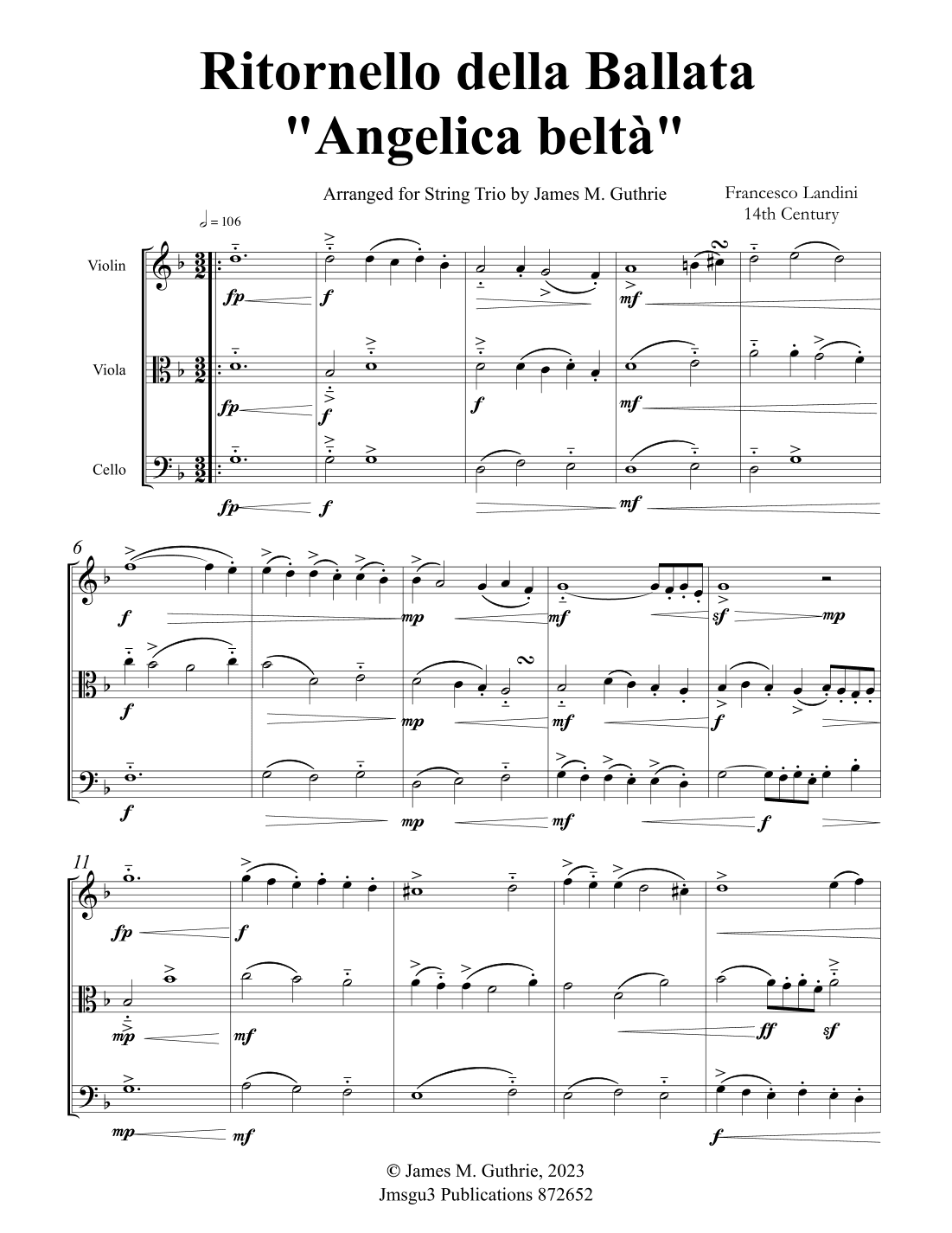 Landini: Ritornello Della Ballata "Angelica belta" for String Trio (arr. James M. Guthrie)