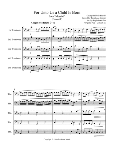 For Unto Us a Child is Born (from "Messiah") (F) (Trombone Quintet) (arr. Regis Bookshar)