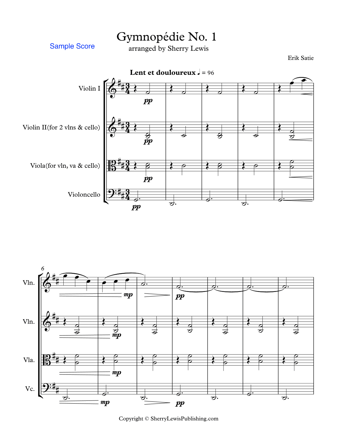 GYMNOPÉDIE NOS.1,2,3 String Trio, Intermediate Level for 2 violins and cello or violin, viola and ce (arr. Sherry Lewis Publishing)