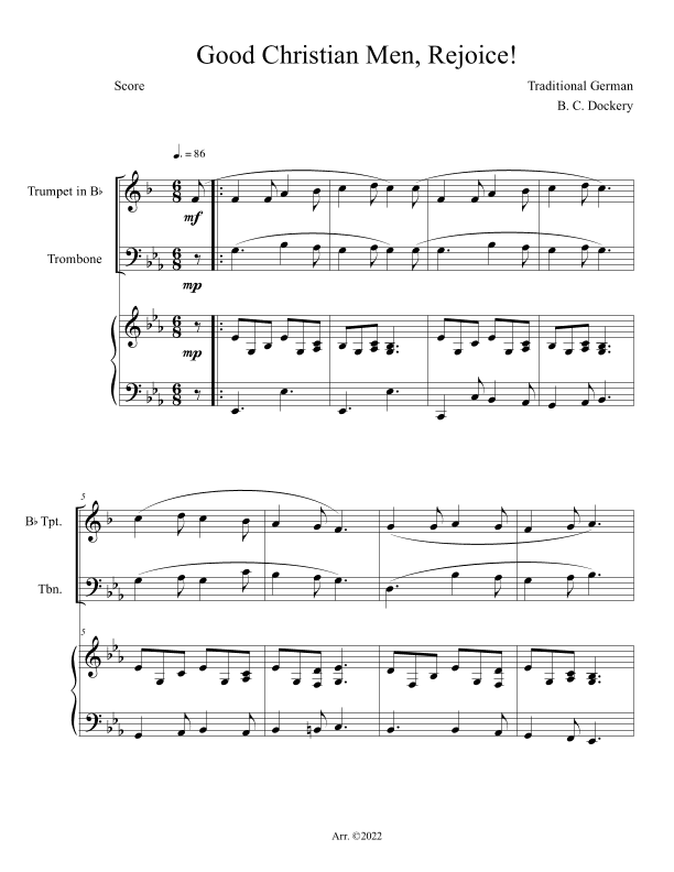 Good Christian Men, Rejoice! (Trumpet and Trombone Duet with Piano Accompaniment) (arr. B. C. Dockery)