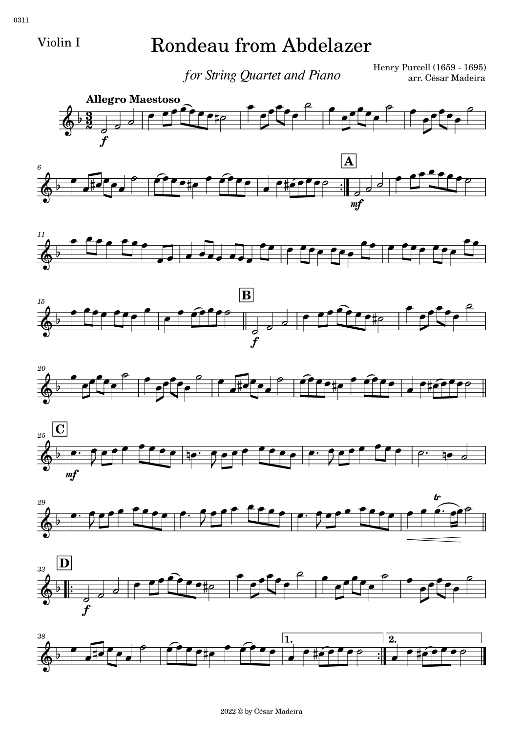 Rondeau from Abdelazer - String Quartet and Piano (Individual Parts) (arr. César Madeira)