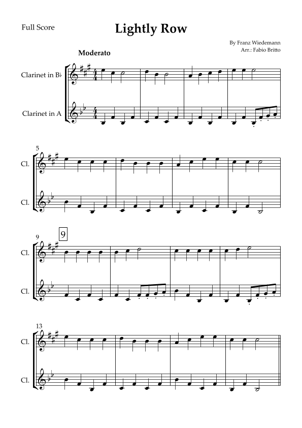 Lightly Row for Clarinet in Bb & Clarinet in A Duo (arr. Fabio Britto)