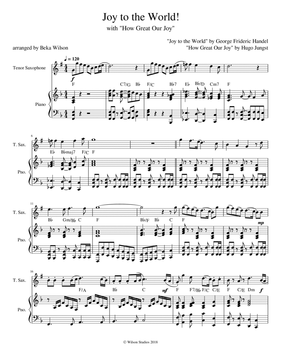 Joy to the World/How Great Our Joy--tenor sax solo (arr. Beka Wilson)
