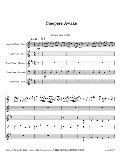 Sleepers Awake by Bach for Woodwind Quartet in Schools (arr. Joseph Judge)