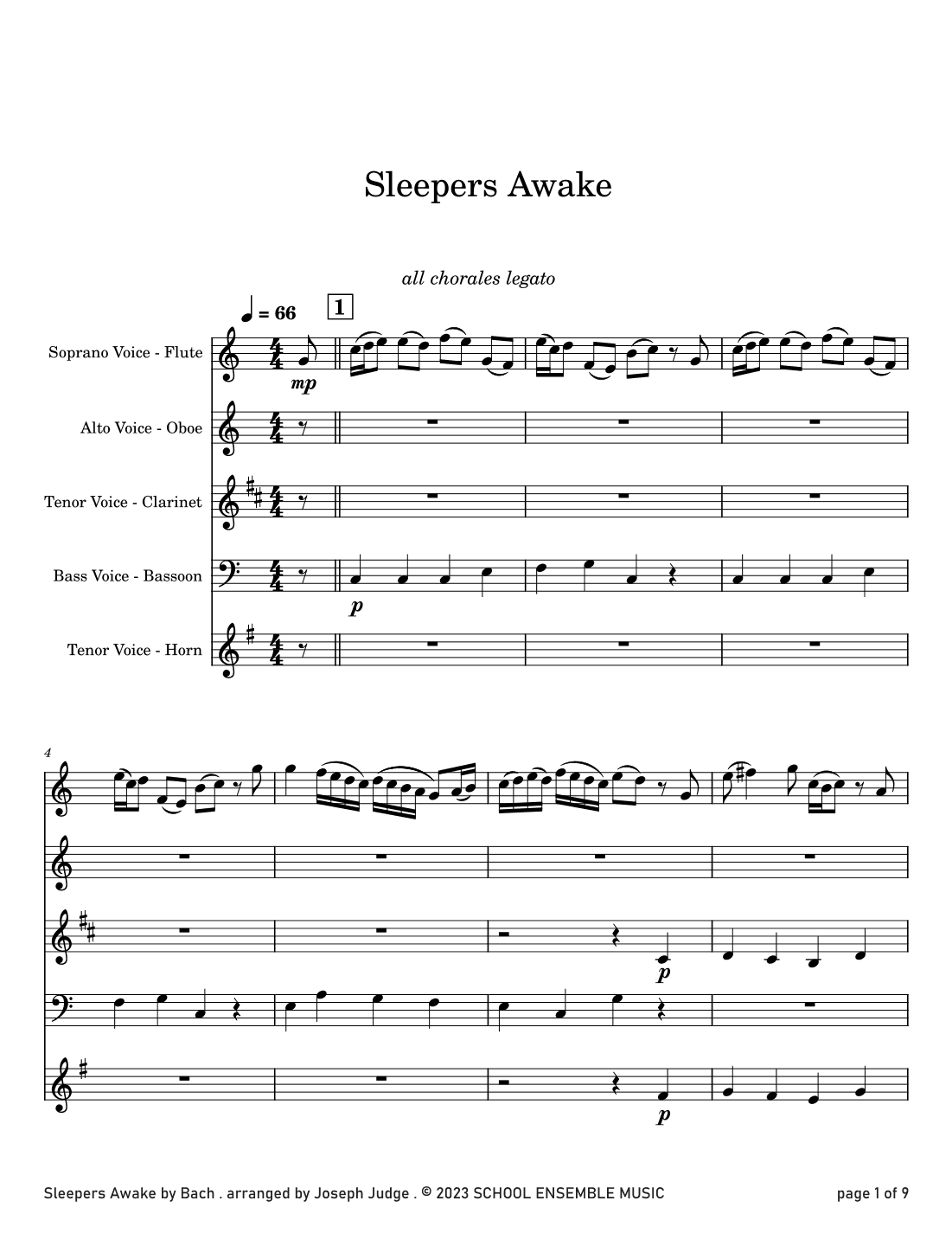 Sleepers Awake by Bach for Woodwind Quartet in Schools (arr. Joseph Judge)