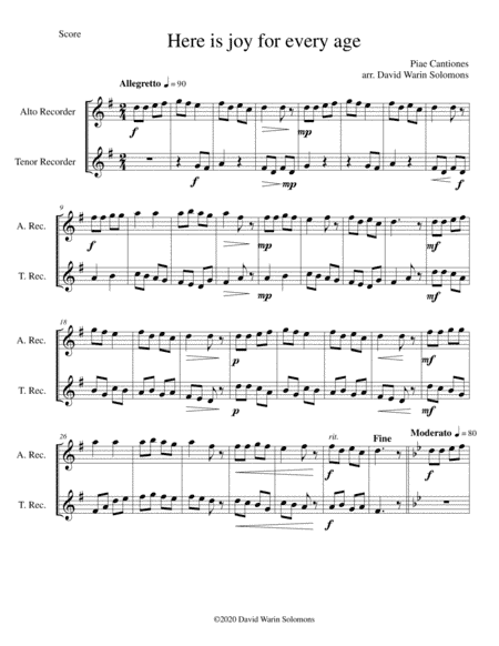 Variations on Here is joy for every age (Ecce novum gaudium Piae Cantiones)  alto n tenor recorders (arr. David Warin Solomons)