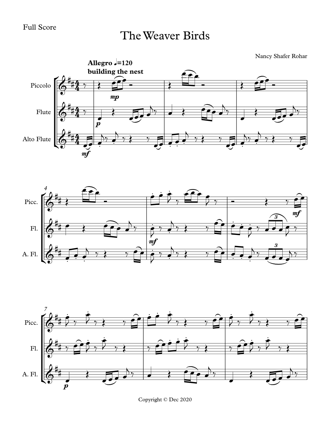 The Weaver Birds, for piccolo, flute, and alto flute
