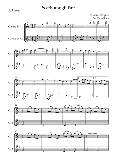 Scarborough Fair for Clarinet in A Duo (arr. Fabio Britto)