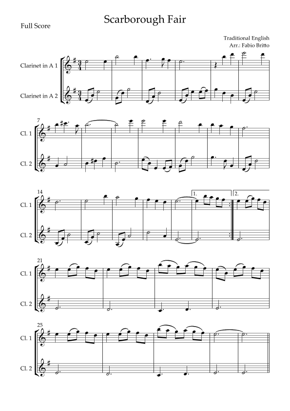 Scarborough Fair for Clarinet in A Duo (arr. Fabio Britto)