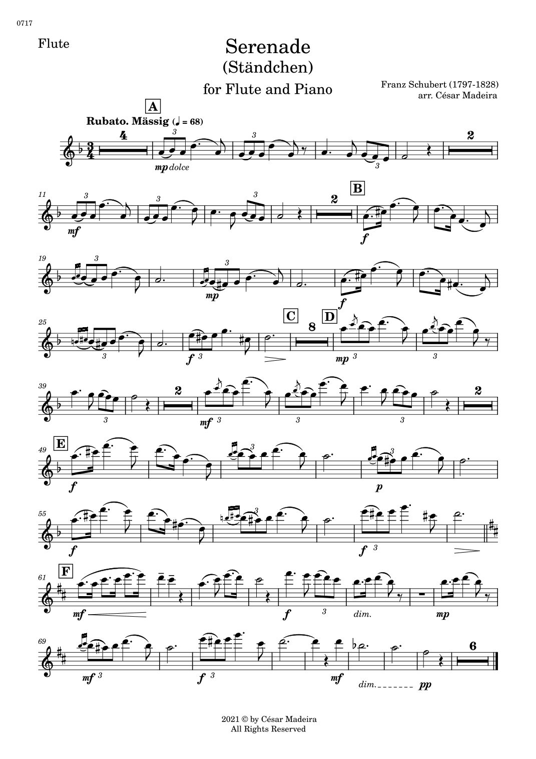 Serenade (D.975) by Schubert - Flute and Piano (Individual Parts) (arr. César Madeira)