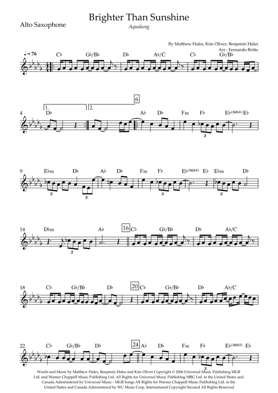 Brighter Than Sunshine (arr. Fernando Britto)