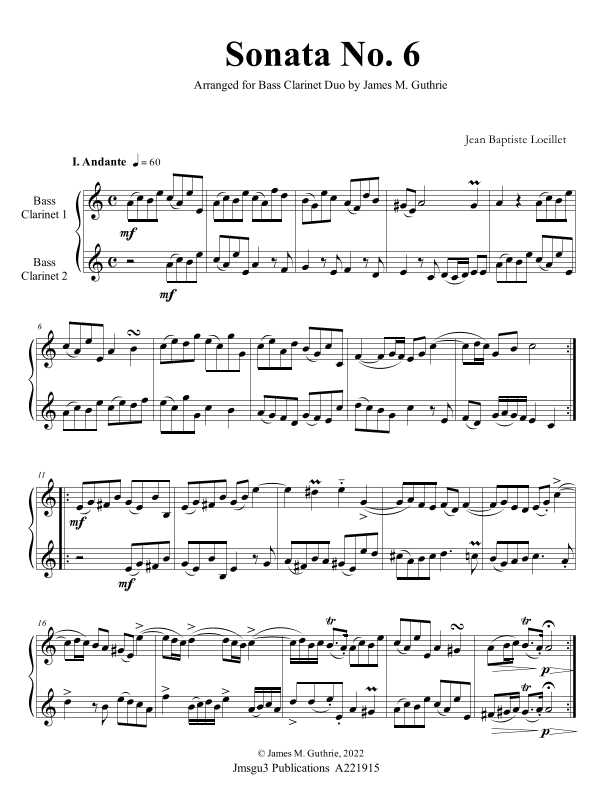 Loeillet: Sonata No. 6 for Bass Clarinet Duo (arr. James M. Guthrie)