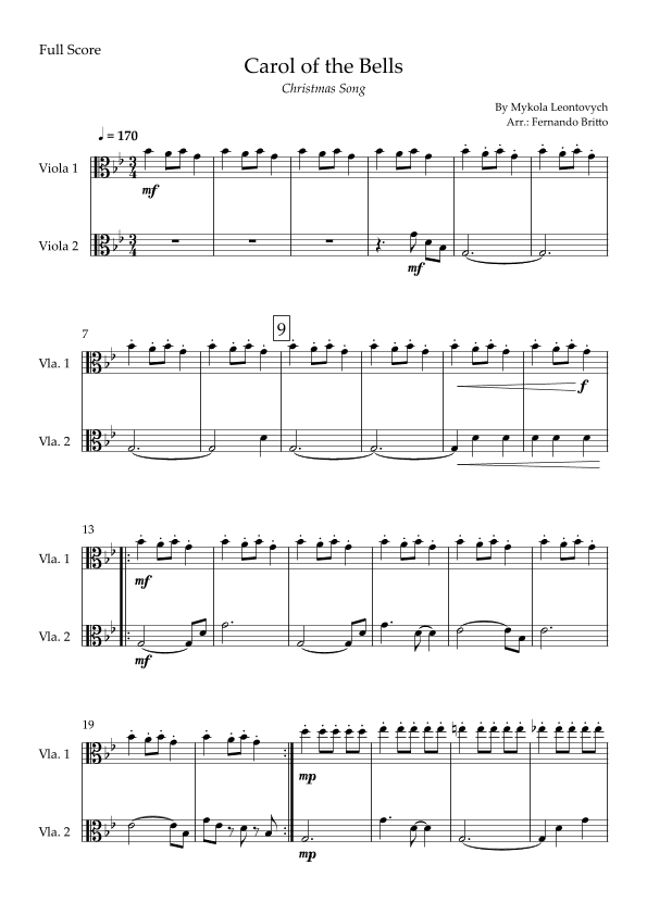 Carol of the Bells in Jazz Version (Christmas Song) for Viola Duo (arr. Fabio Britto)