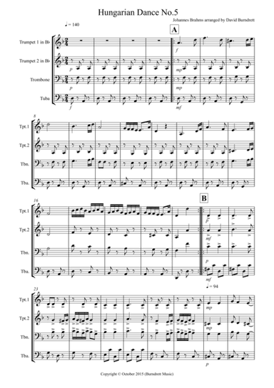 Hungarian Dance No.5 by Brahms for Brass Quartet (arr. David Burndrett)