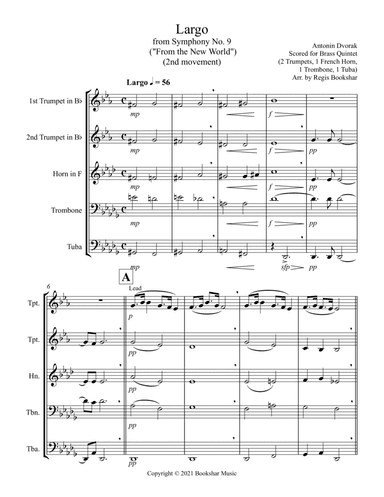 Largo (from "Symphony No. 9") ("From the New World") (Db) (Brass Quintet - 2 Trp, 1 Hrn, 1 Trb, 1 Tu (arr. Regis Bookshar)