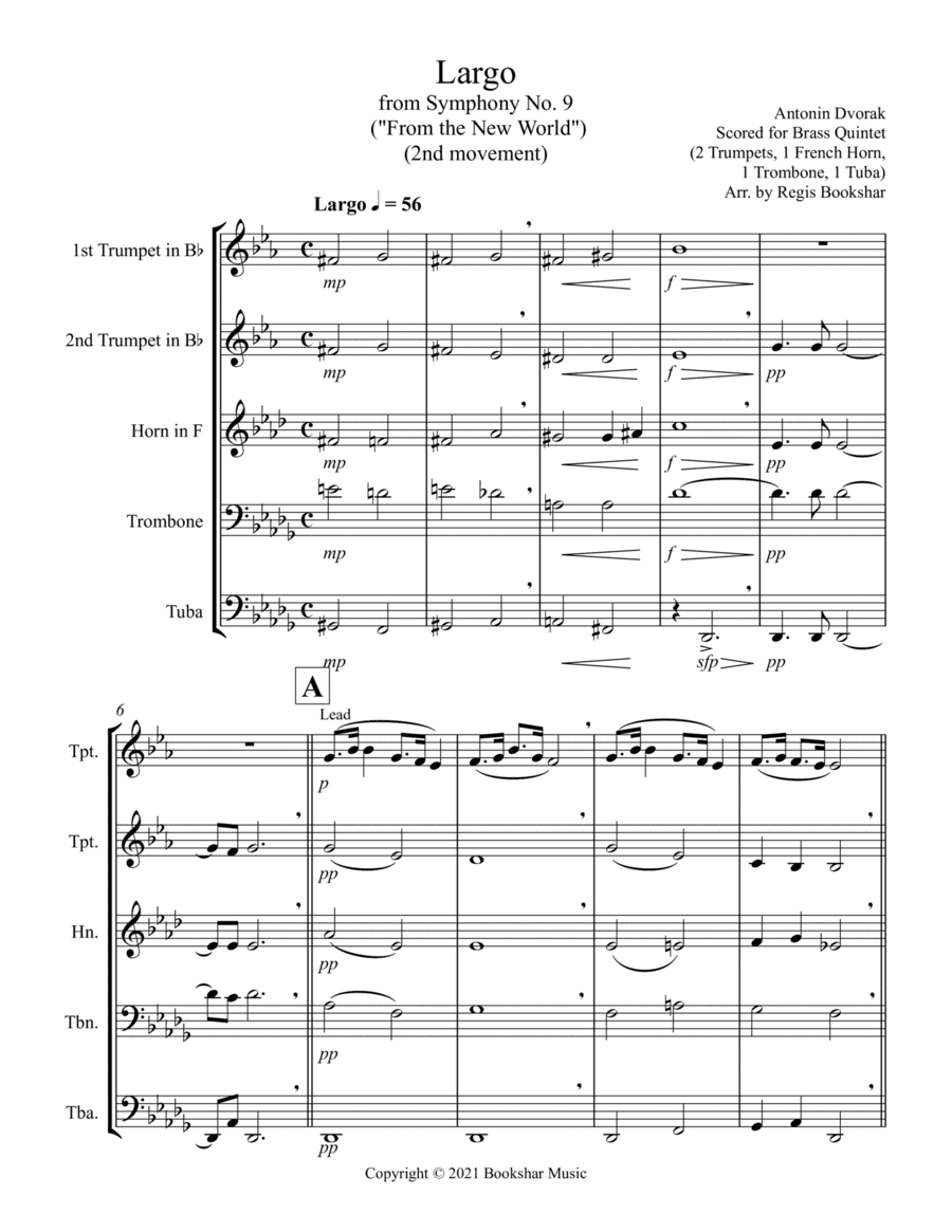 Largo (from "Symphony No. 9") ("From the New World") (Db) (Brass Quintet - 2 Trp, 1 Hrn, 1 Trb, 1 Tu (arr. Regis Bookshar)