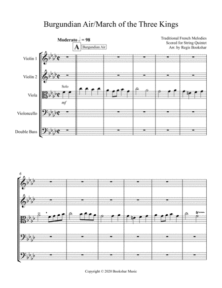 Burgundian Air/March of the Three Kings (String Quintet - 2 Violins, 1 Viola, 1 Cello, 1 Bass) (arr. Regis Bookshar)