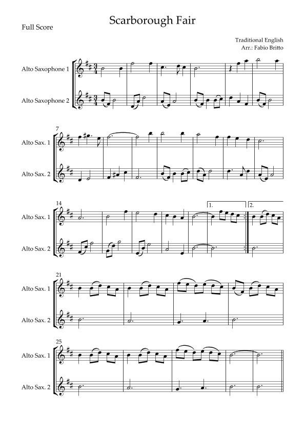 Scarborough Fair for Alto Saxophone Duo (arr. Fabio Britto)