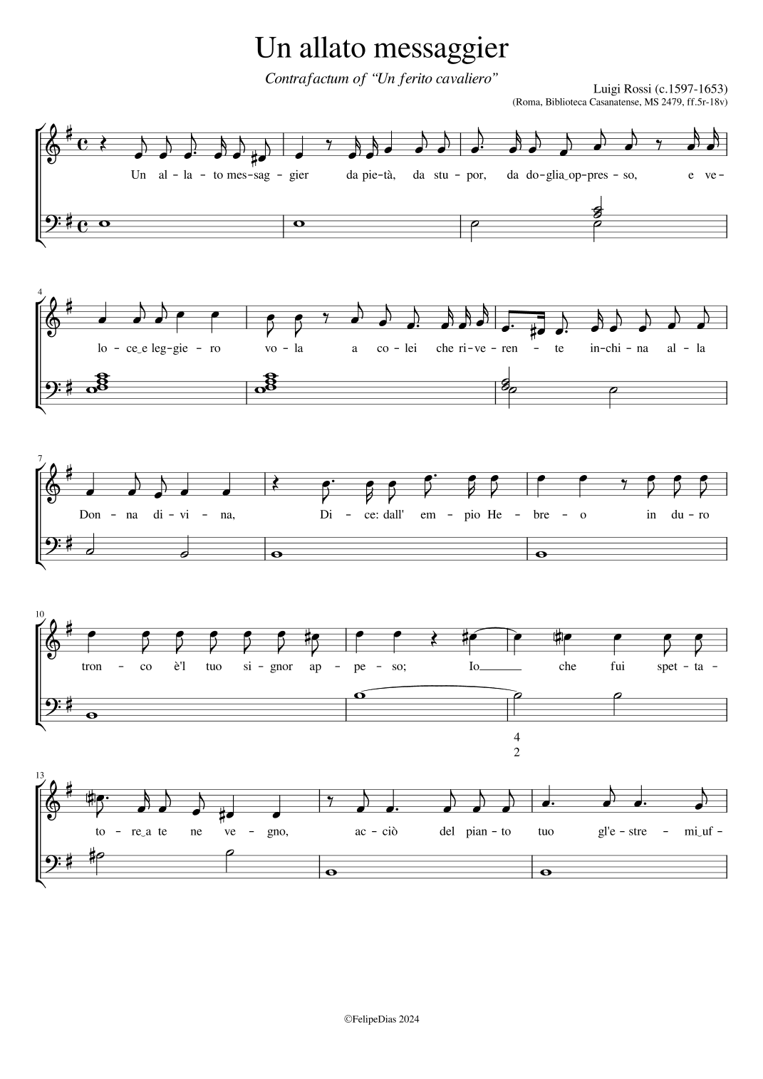 Un allato messaggier (Contrafactum of Un ferito cavaliero) (arr. Early Music Scores)