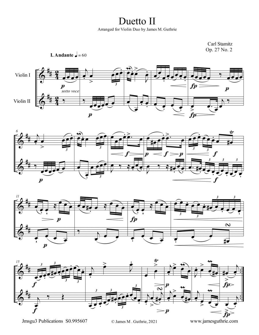 Stamitz: Duet Op. 27 No. 2 for Violin Duo (arr. James M. Guthrie)