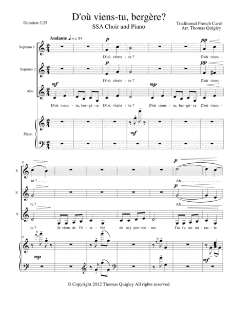 D'où viens-tu bergère? (arr. Thomas Quigley)