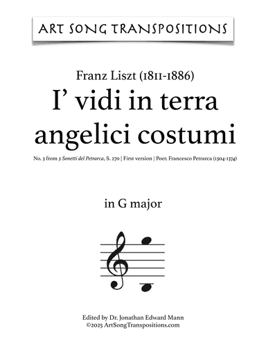 LISZT: I' vidi in terra, S. 270 (first version, transposed to G major) (arr. ArtSongTranspositions.com)