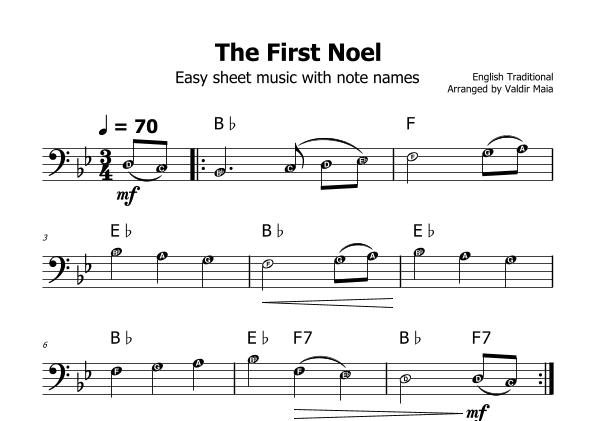 The First Noel - (Bb Major - with note names) (arr. Valdir Maia)