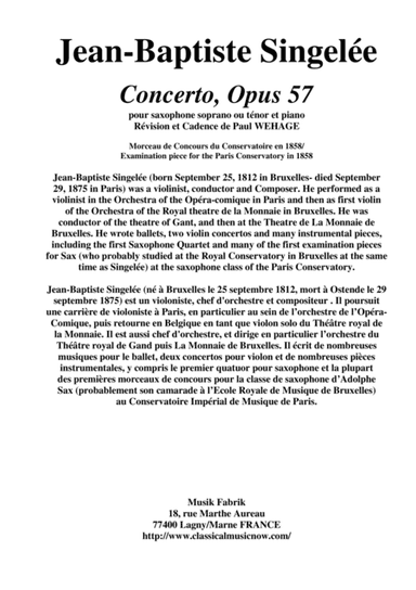 Jean-Baptiste Singelée Concerto, Opus 57 pour saxophone soprano ou ténor et piano Révision et Cadenc (arr. Musik Fabrik Music Publishing)