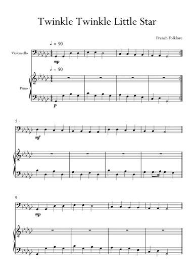 Twinkle Twinkle Little Star for Cello (Violoncello) and Piano in Gb Major. Very Easy. (arr. Matheus Araújo)