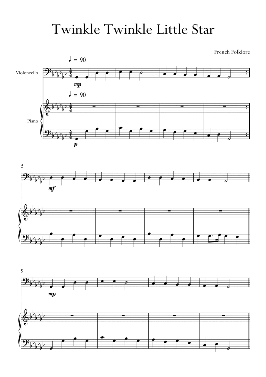Twinkle Twinkle Little Star for Cello (Violoncello) and Piano in Gb Major. Very Easy. (arr. Matheus Araújo)