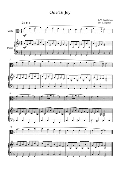 Ode To Joy, Ludwig Van Beethoven, For Viola & Piano (arr. Eugene Egorov)