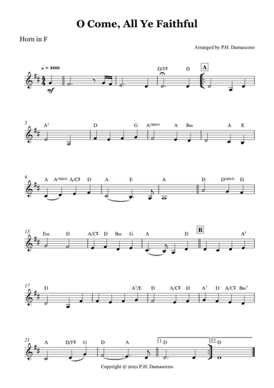 O Come, All Ye Faithful - Horn in F Solo with Chords (arr. P.H. Damasceno)