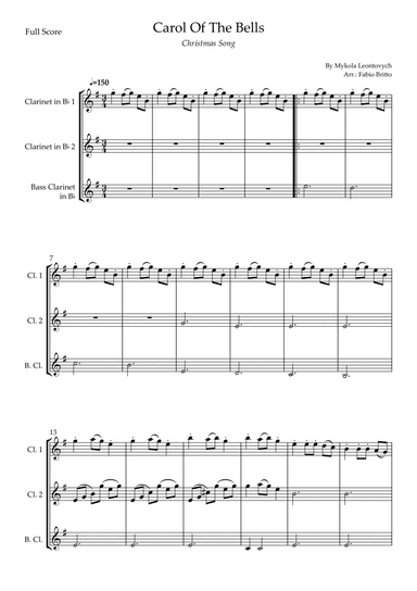 Carol Of The Bells (Christmas Song) for Clarinet Trio (D Minor) (arr. Fabio Britto)
