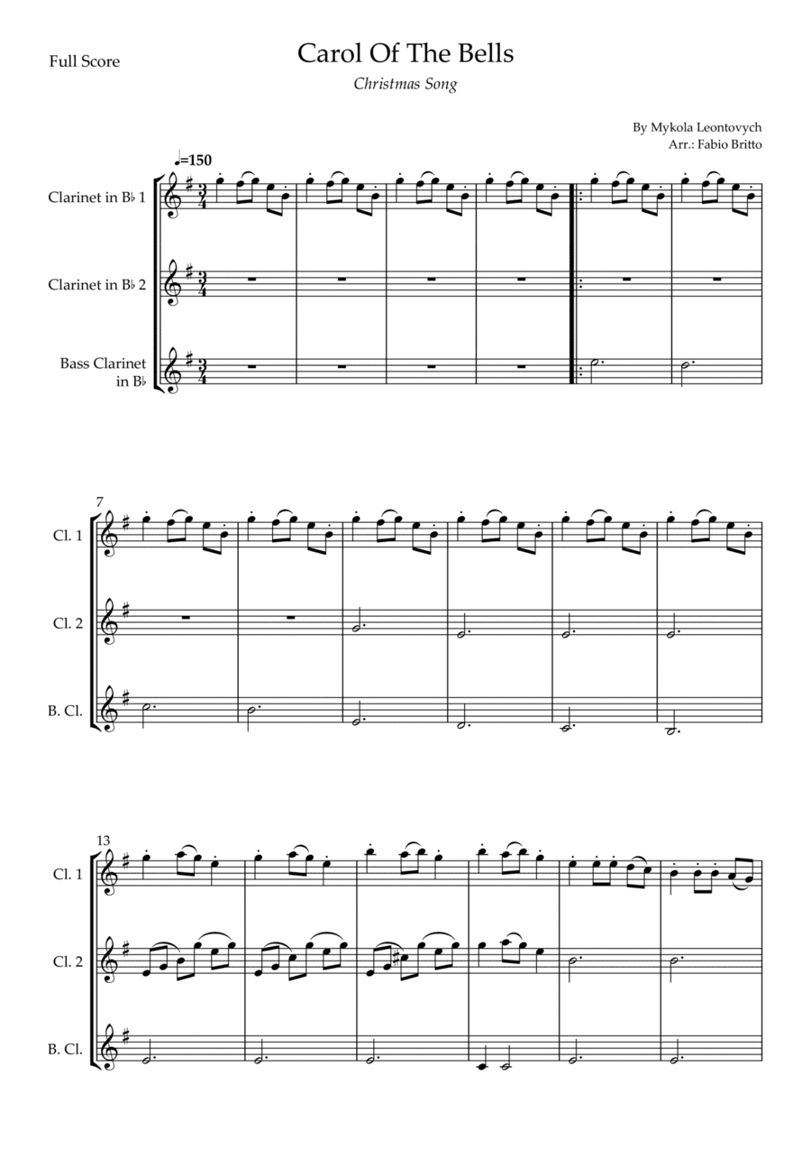 Carol Of The Bells (Christmas Song) for Clarinet Trio (D Minor) (arr. Fabio Britto)