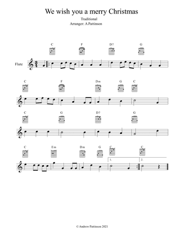 We wish you a merry Christmas for Easy Flute with Guitar Chords (arr. Andrew Pattinson)