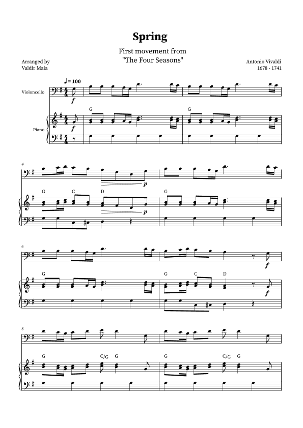 Spring - The Four Seasons for Cello and Piano (G Major with chords) (arr. Valdir Maia)