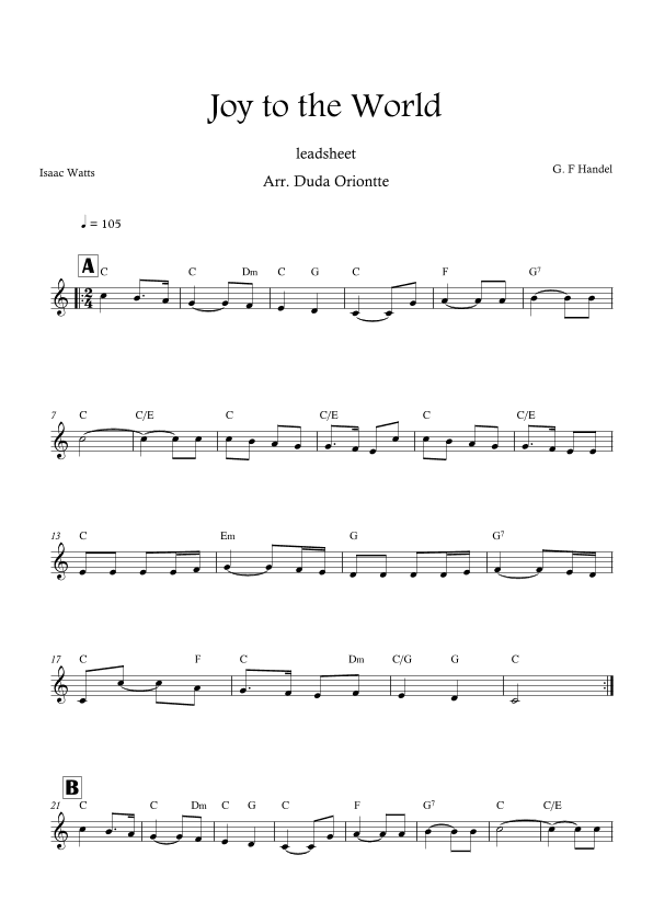 Joy to the World (C major - leadsheet - no lyrics) (arr. Duda Oriontte)